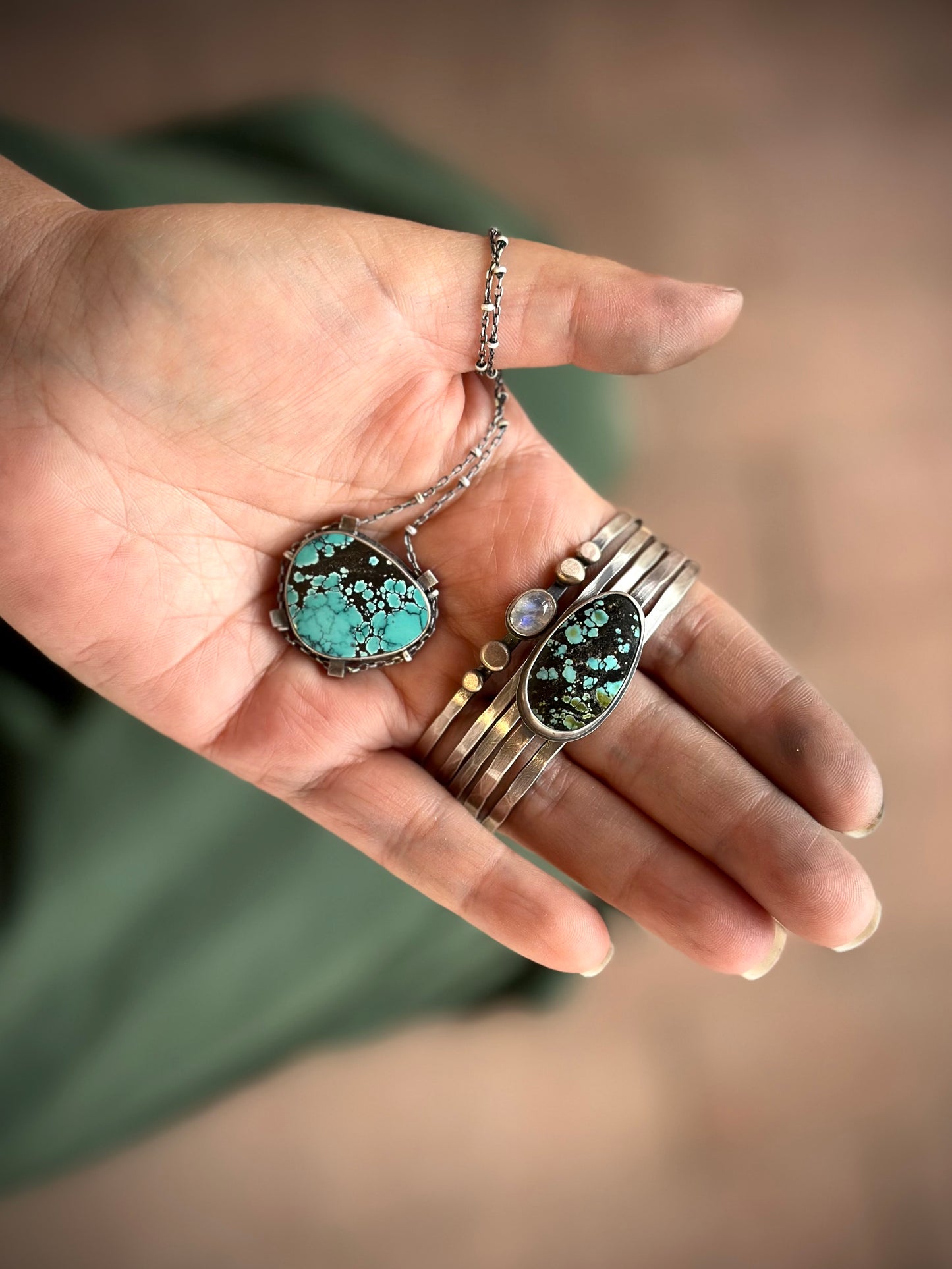 Stacked - Attached Bracelet - Blackjack Turquoise and Rainbow Moonstone- Cuff with Movement - ready to ship