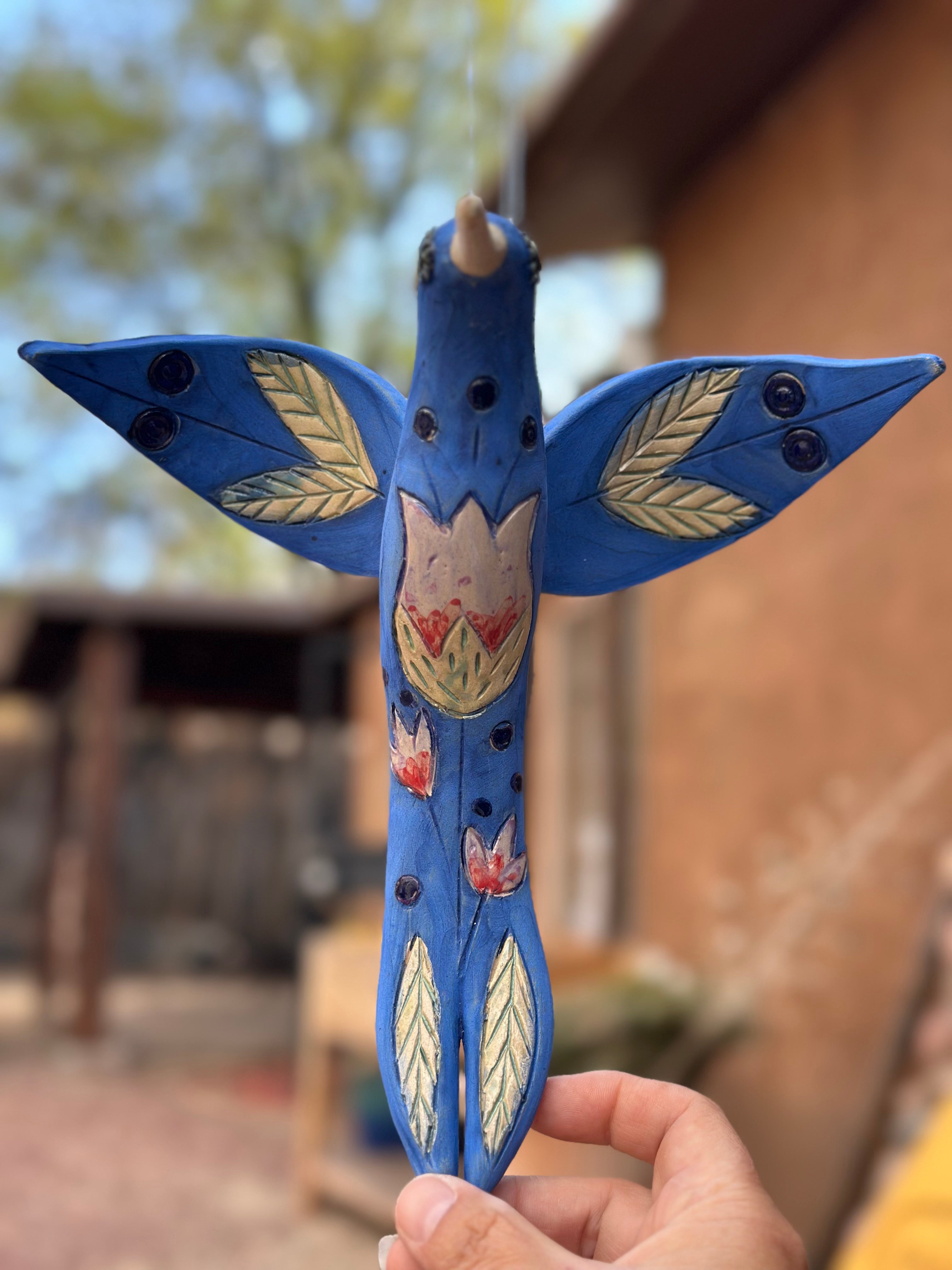Medium Hanging Hummingbird with Tulip Design - Clay Sculpture