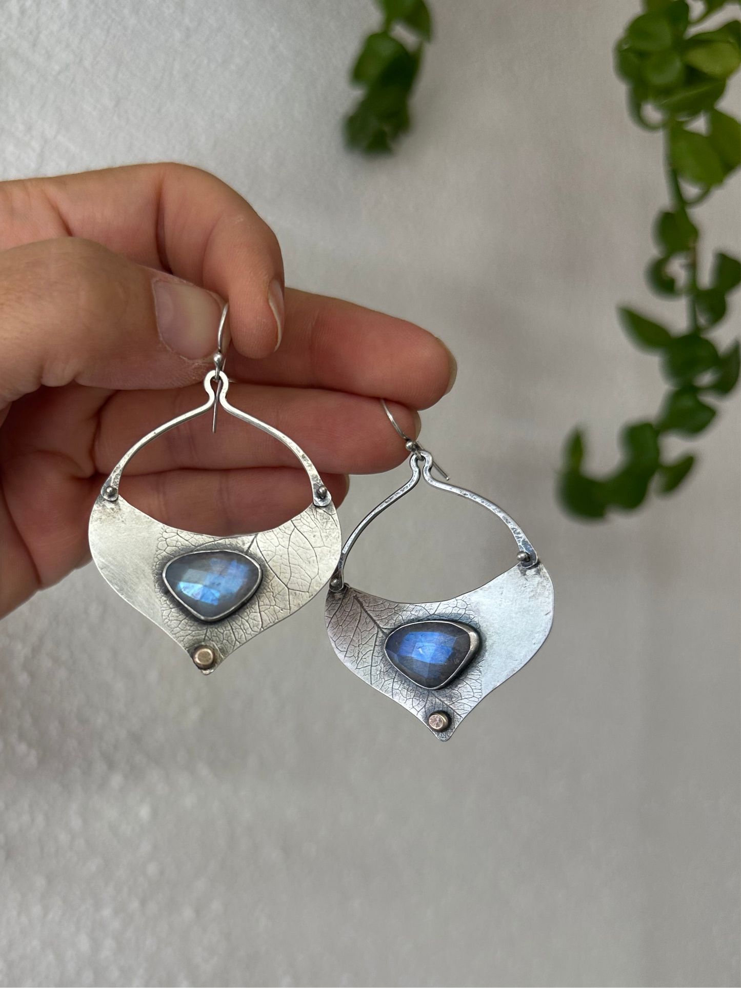 Rainbow Moonstone Aspen Leaf earrings - sterling silver