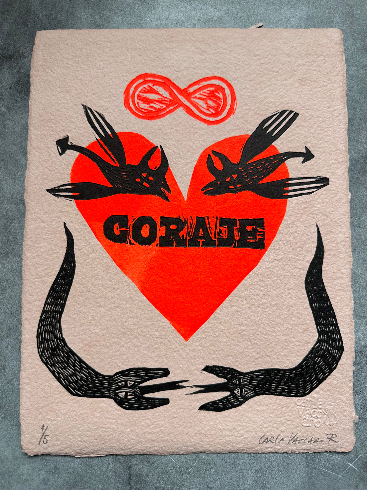 Corazon Coraje - linocut print