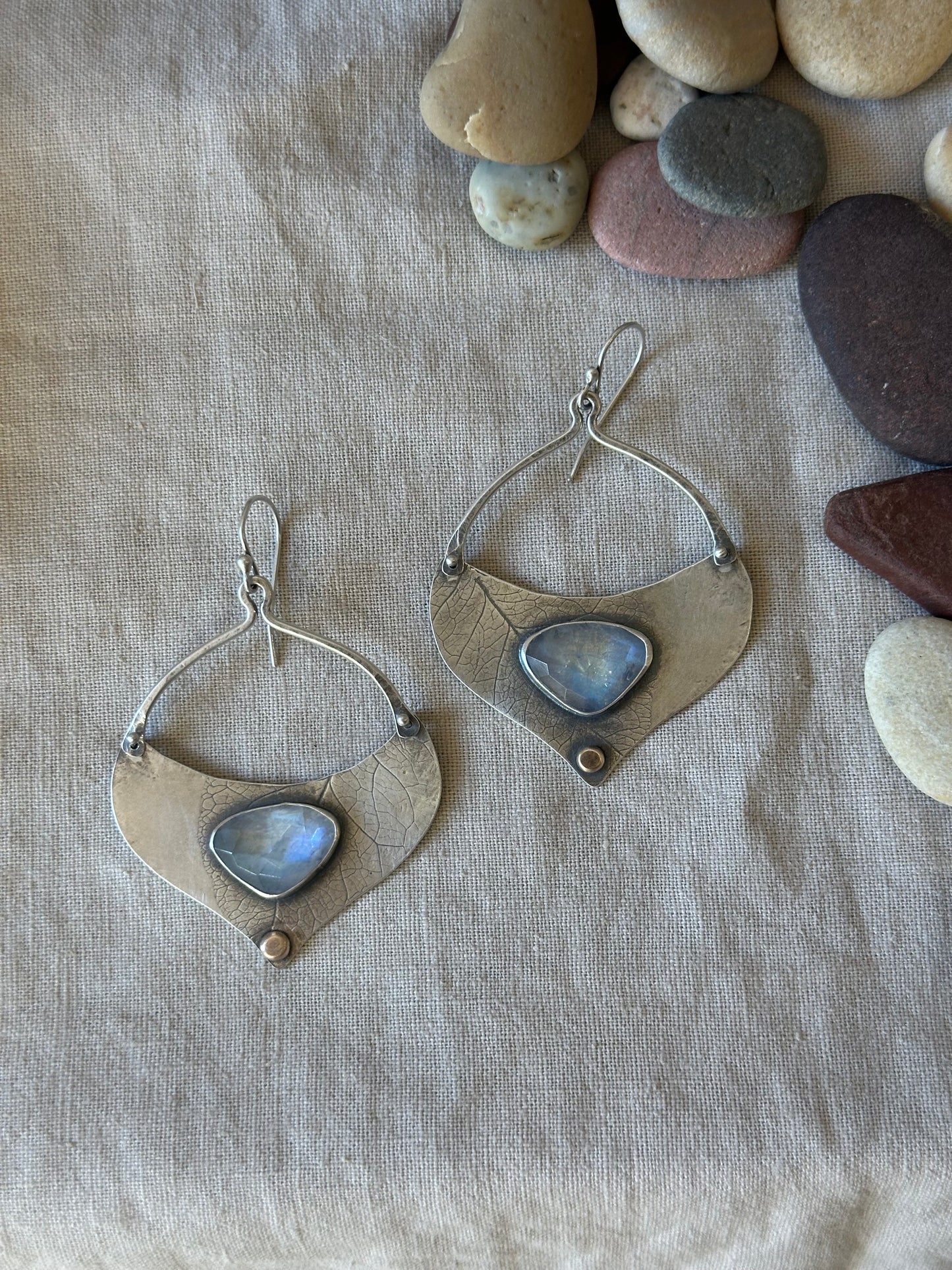 Rainbow Moonstone Aspen Leaf earrings - sterling silver