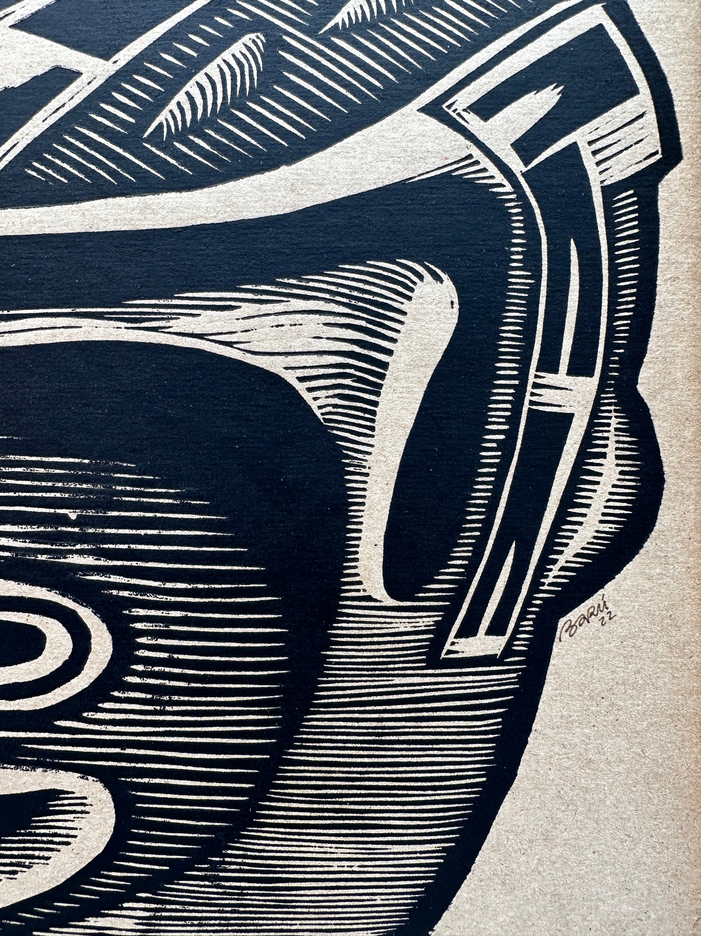 Primos Hermanos ~ mask 2 ~ linocut ~ 12 by 12 in