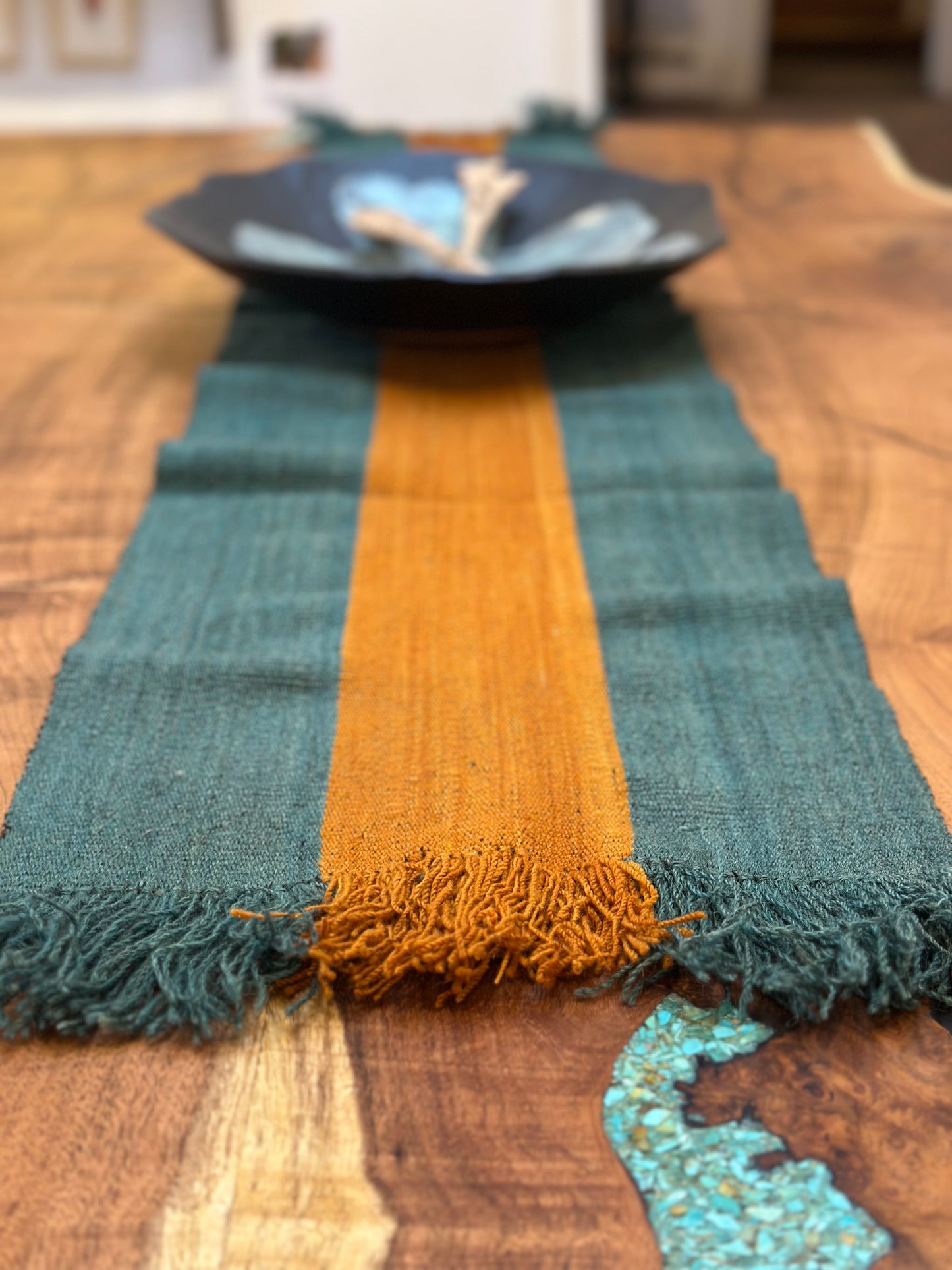 Table Runner - 100% sheep wool - deep jungle green and orange