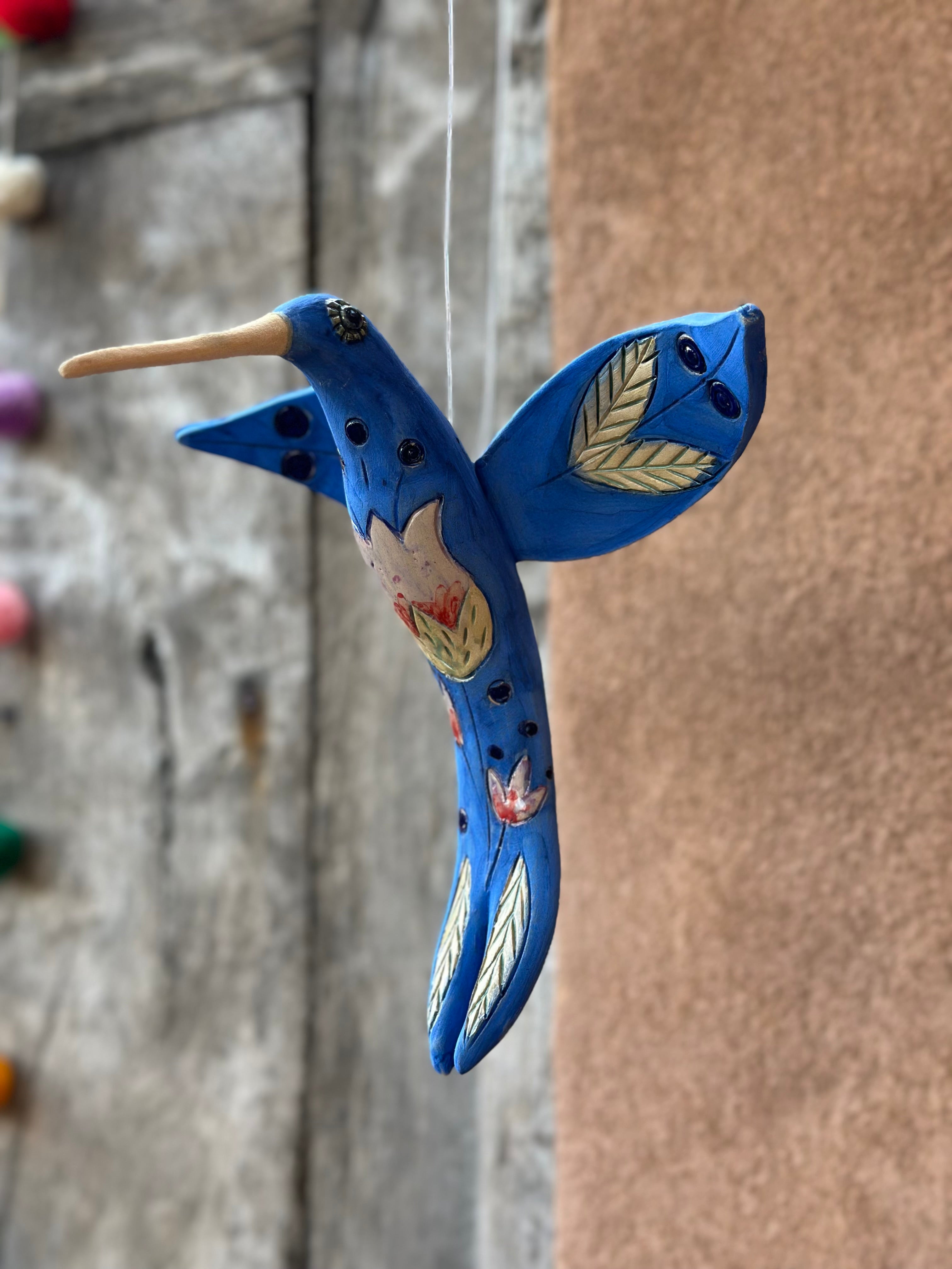 Medium Hanging Hummingbird with Tulip Design - Clay Sculpture