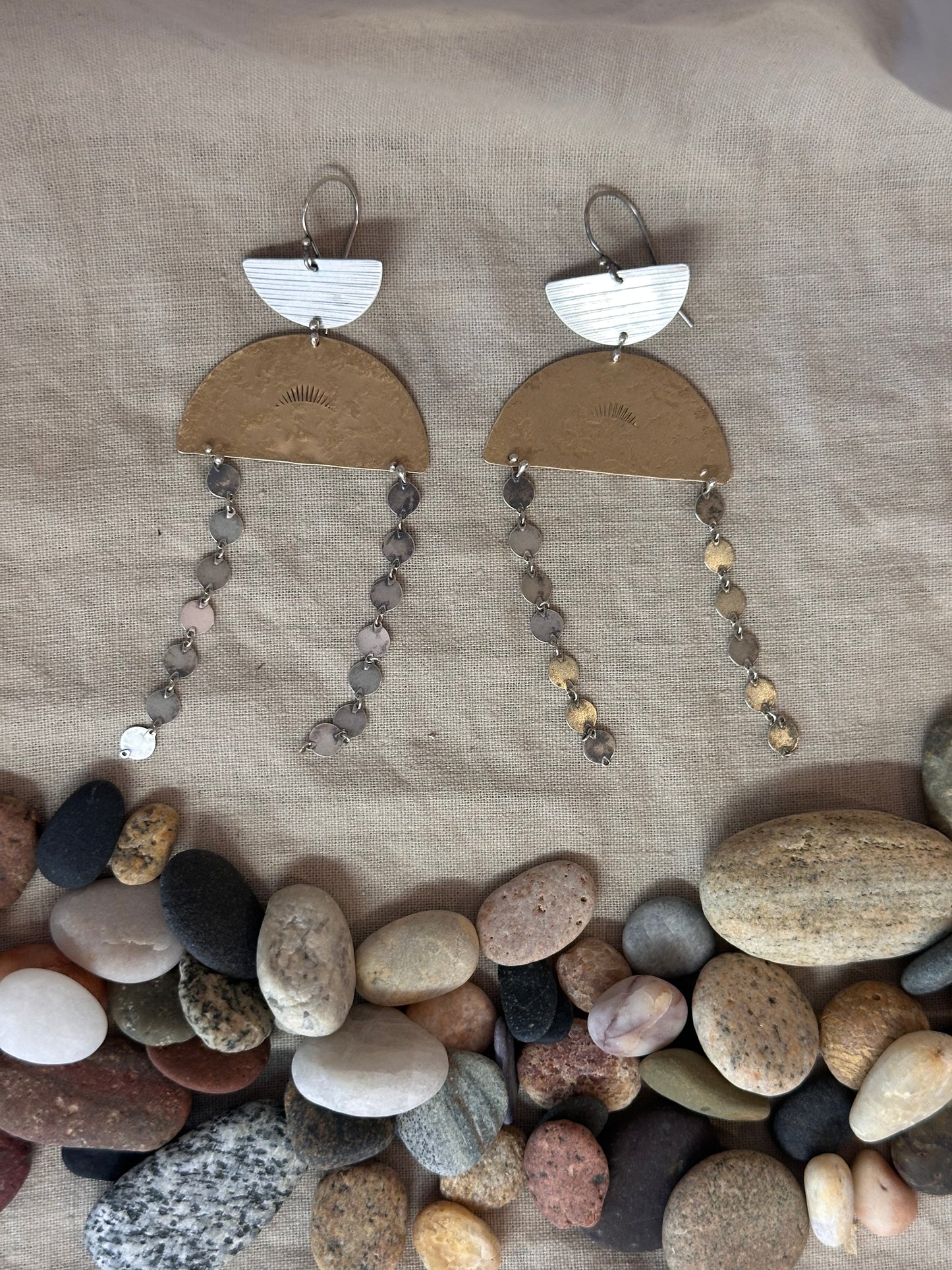 Connected geometric dangle earrings - Sterling Silver and Brass