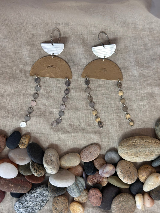 Connected geometric dangle earrings - Sterling Silver and Brass