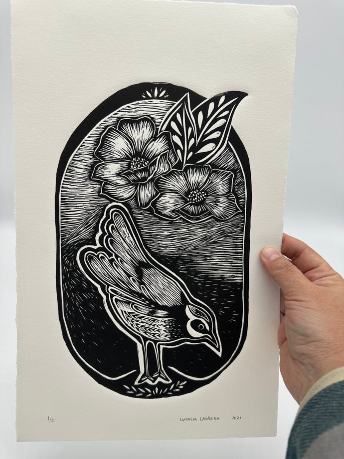 Bird and flower - Lino Print