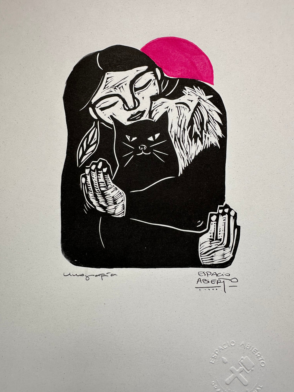 Mujer y Gato - Linocut 10 x 12