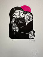 Mujer y Gato - Linocut 10 x 12