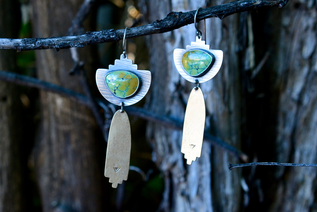 Nevada Turquoise Rain Earrings - Sterling Silver and Brass - Corn Husk Imprinted