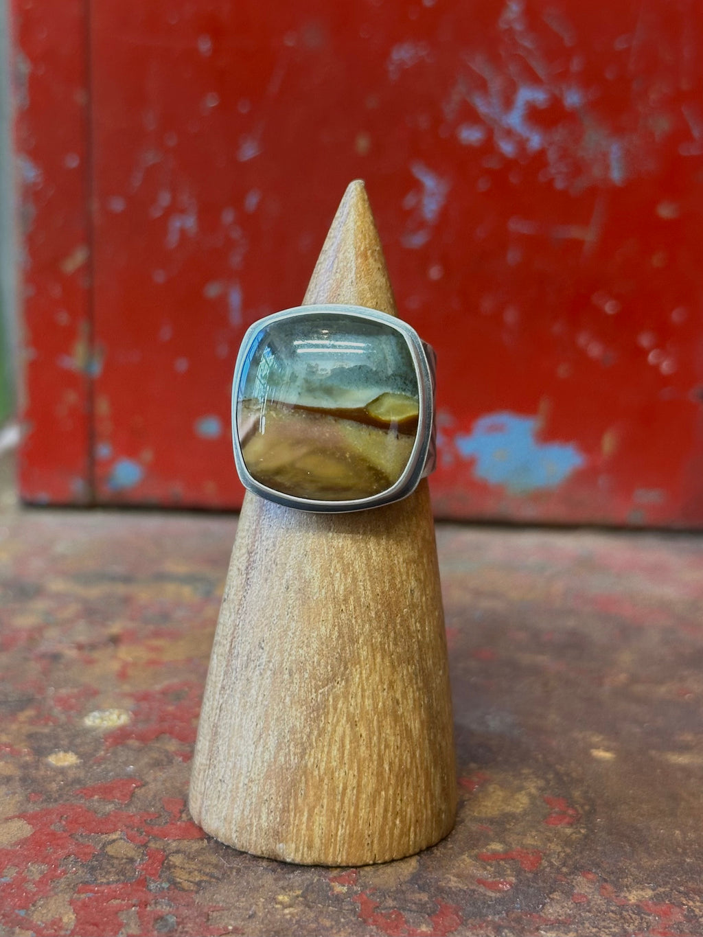 Desert Jasper & Sterling Silver Ring - tapered wide band - Fits size 8