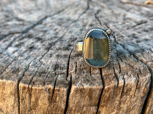 Moss Aquamarine ~ sterling silver ring + 18k gold - Size 6.5