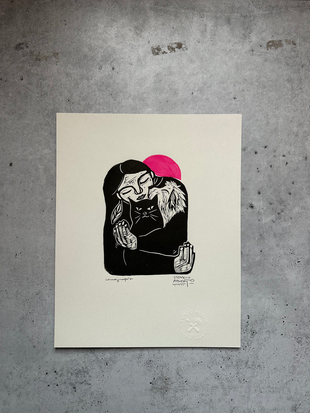 Mujer y Gato - Linocut 10 x 12