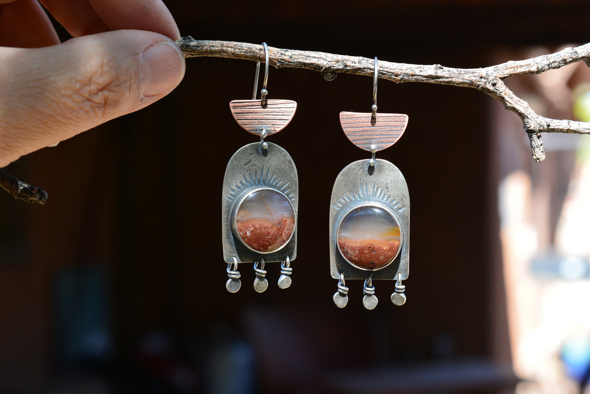 Mexican Flame Agate Earrings - sterling silver and Copper