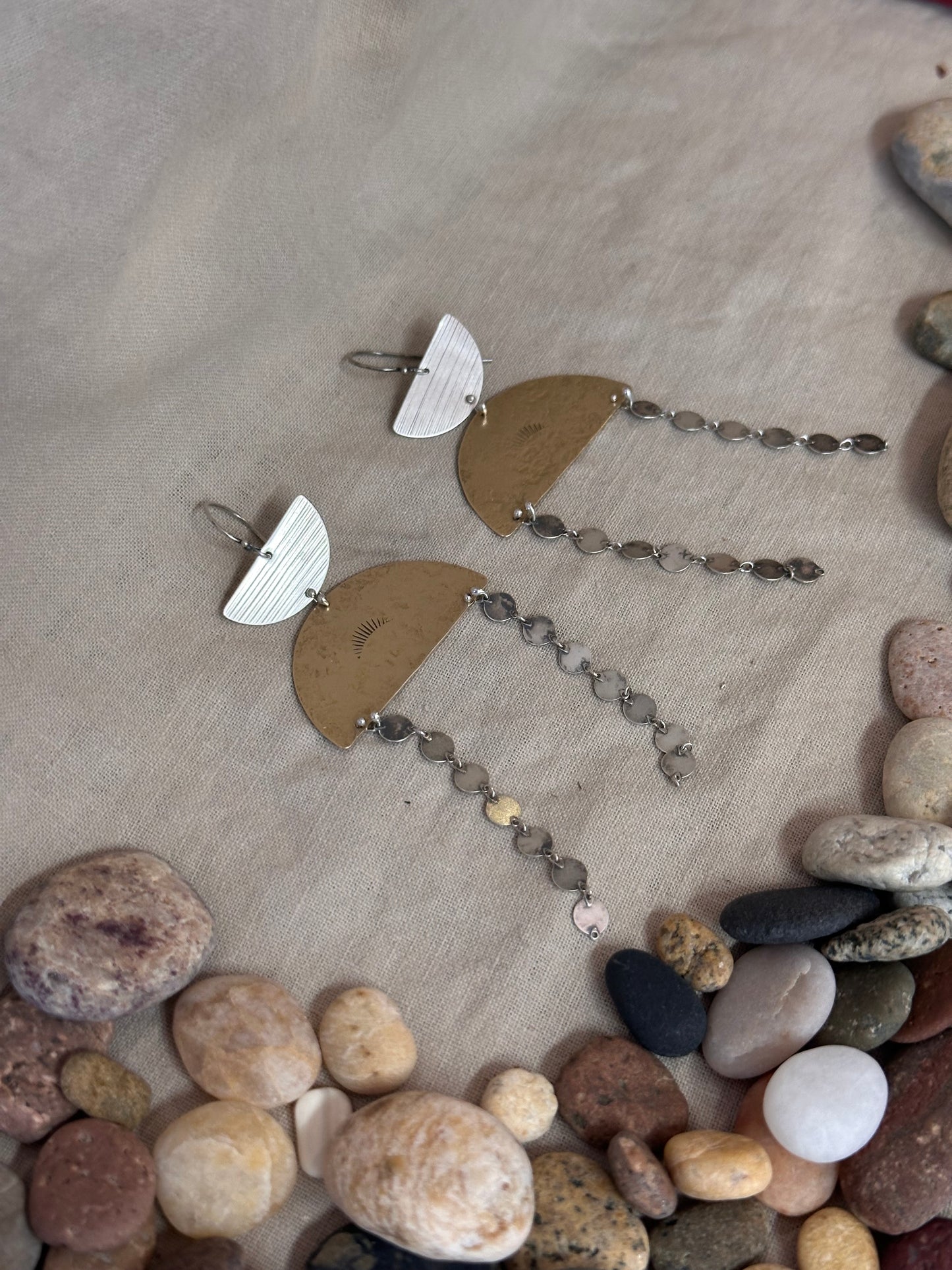 Connected geometric dangle earrings - Sterling Silver and Brass