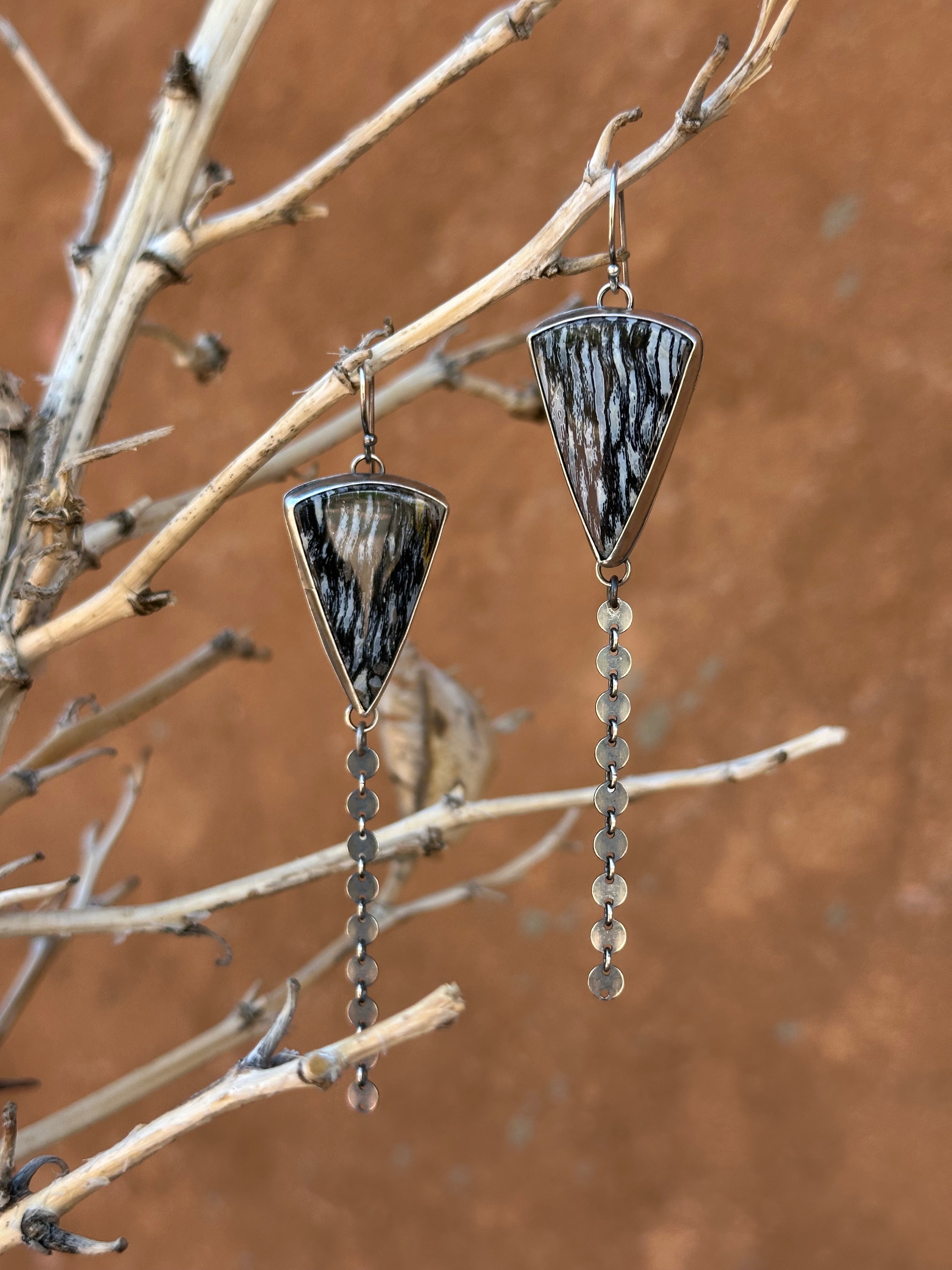 Petrified Palm Tree and Sterling Silver Dangle Earrings