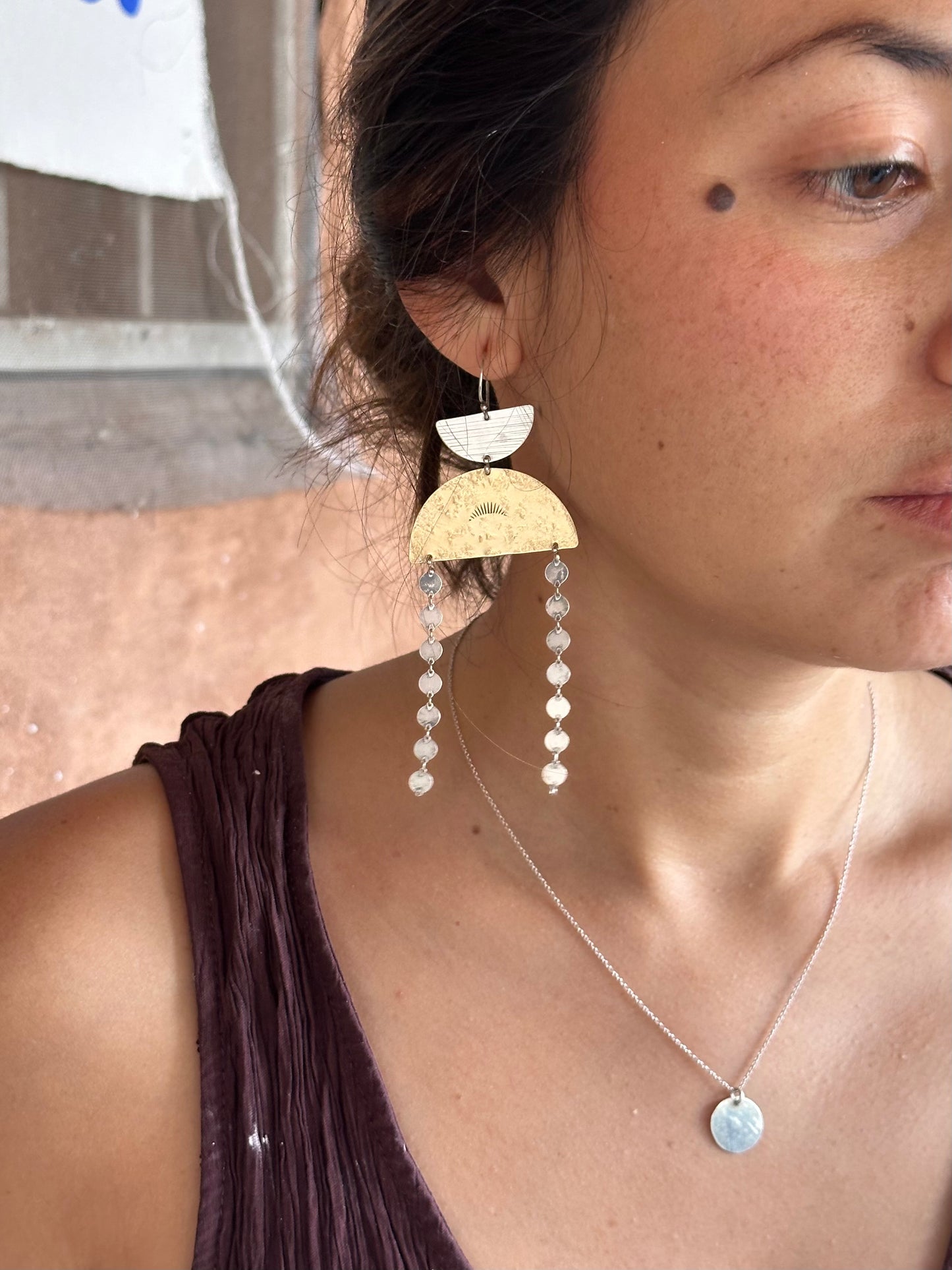Connected geometric dangle earrings - Sterling Silver and Brass