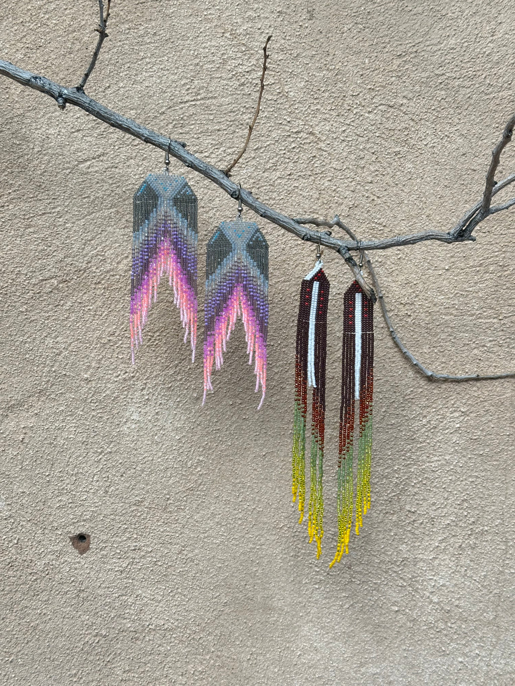 Beaded Fringe Earrings - Snow with Autum trees and leaves changing colors