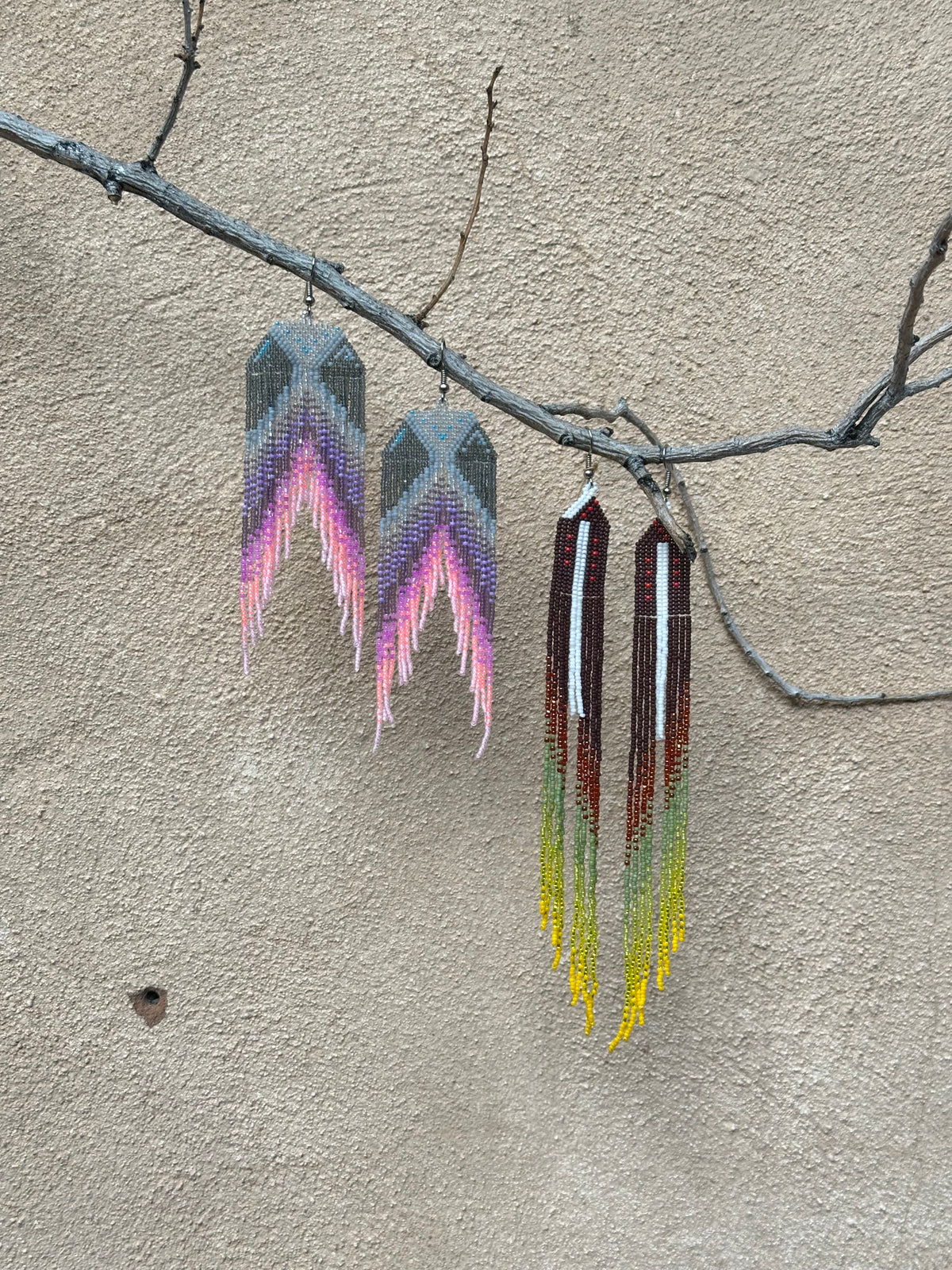 Beaded Fringe Earrings - Snow with Autum trees and leaves changing colors