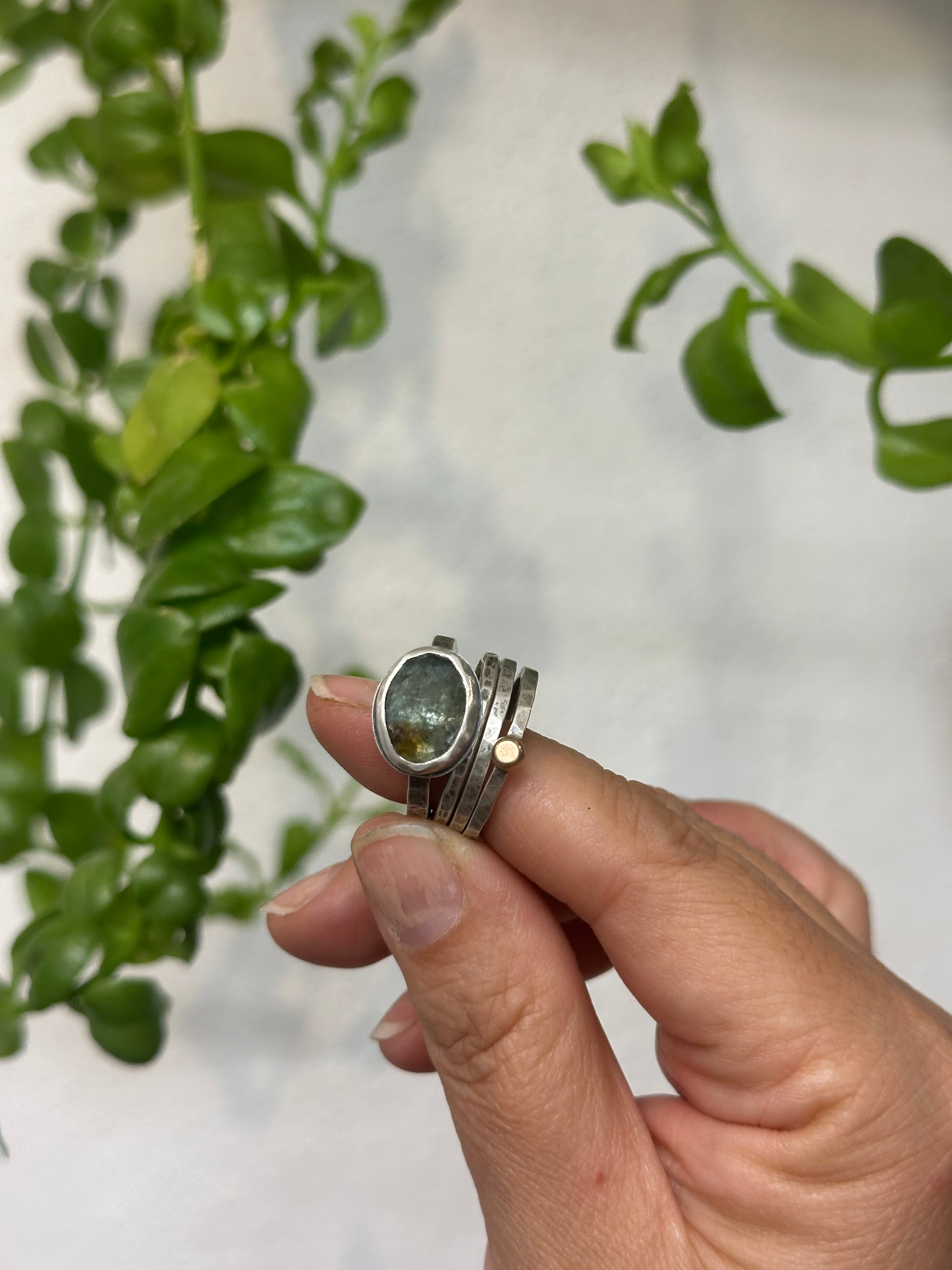 4-piece Moss Aquamarine and Sterling Silver • stackable ring set • set fits size 7