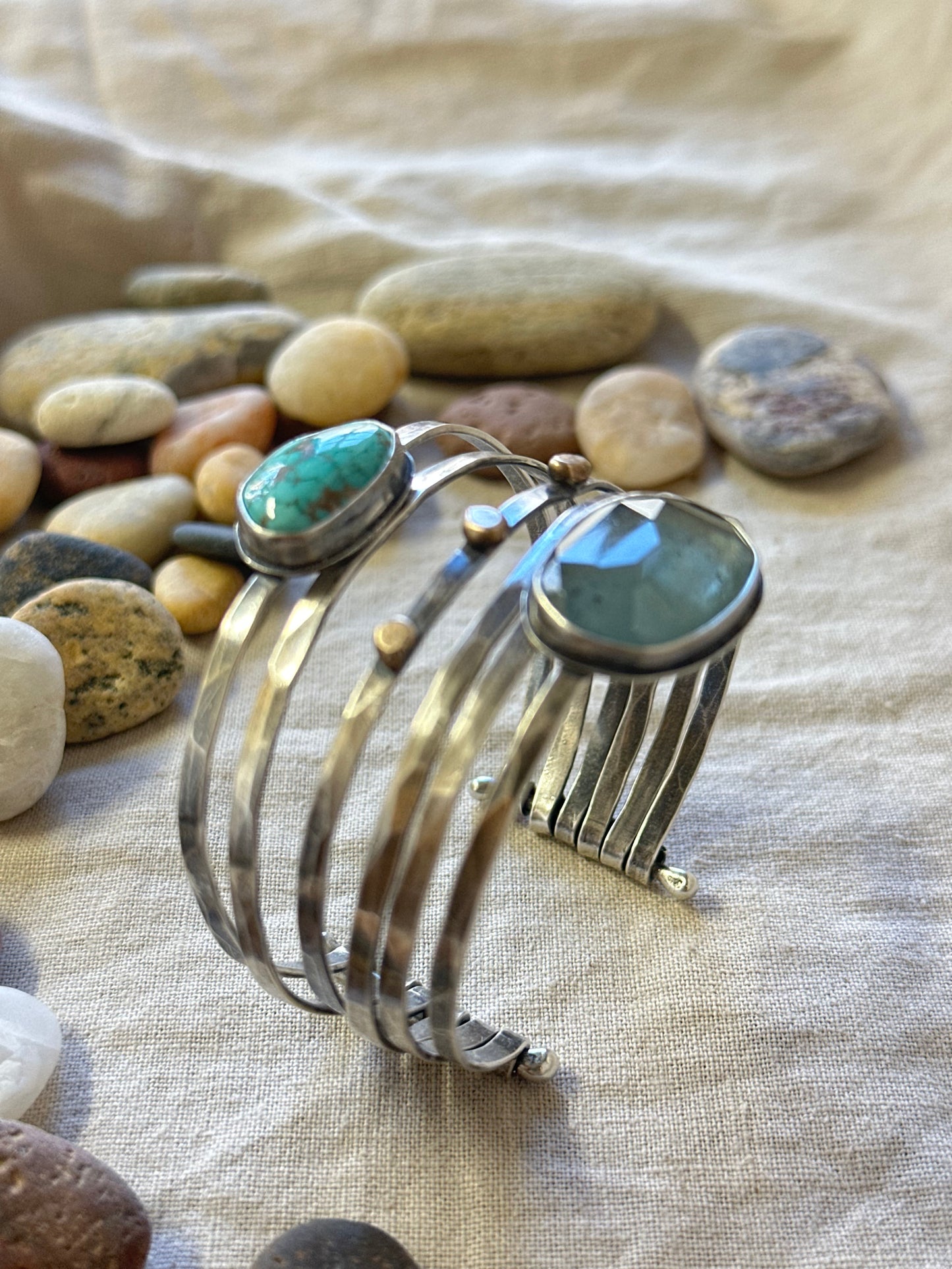 Stacked - Attached Bracelet -  Carico Lake Turquoise and Moss Aquamarine ~ Cuff with Movement