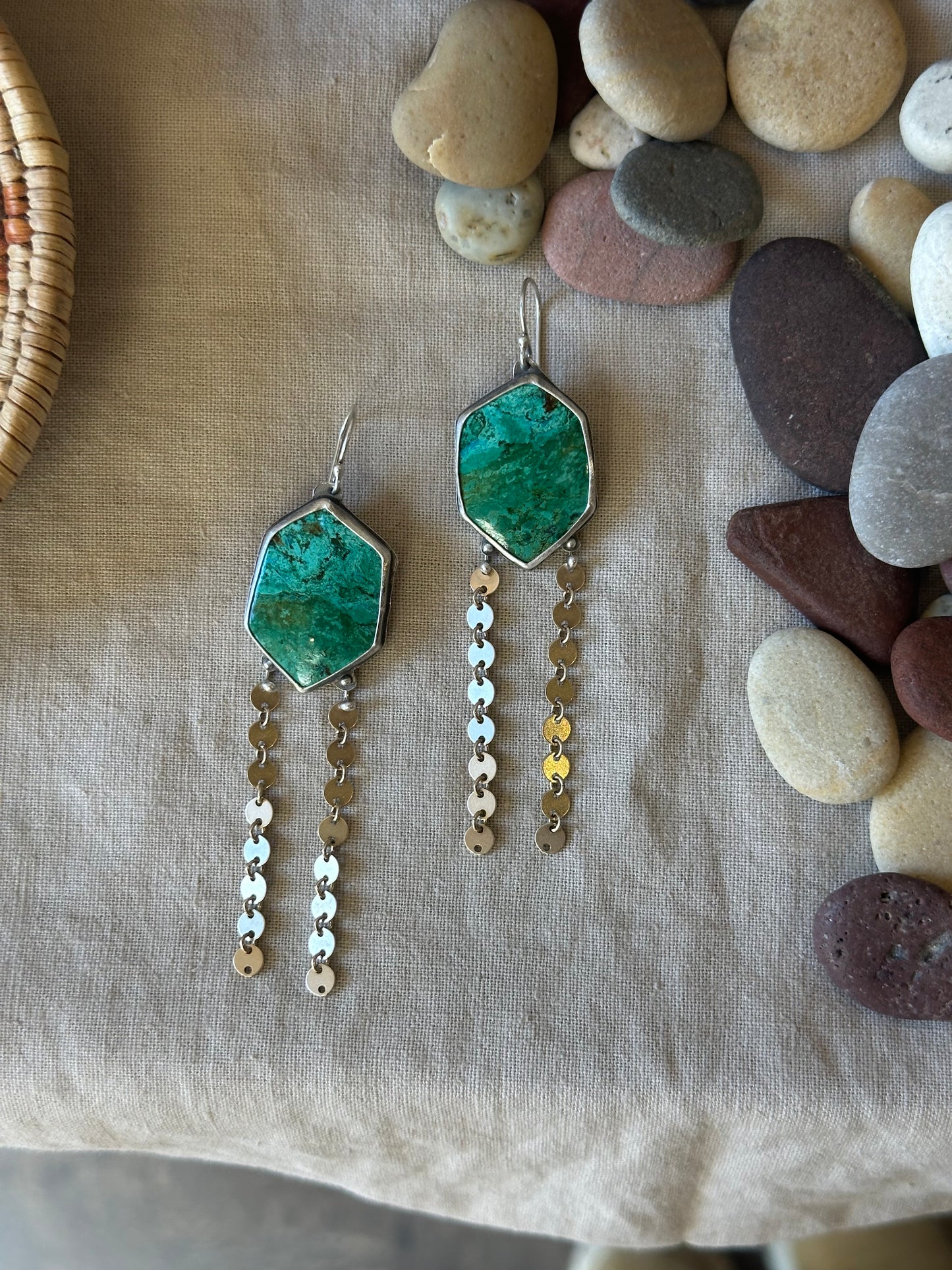 Peruvian Chrysocolla Dangle Earrings - Sterling Silver and Gold filled