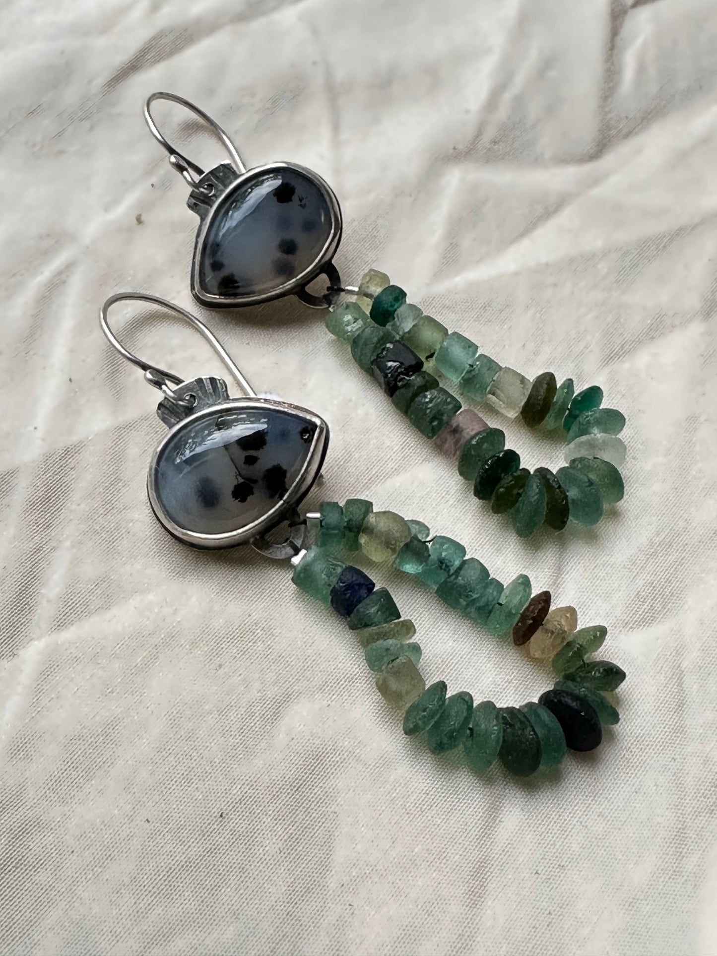 Montana Agate and Roman Glass Dangling Earrings ~ Sterling silver