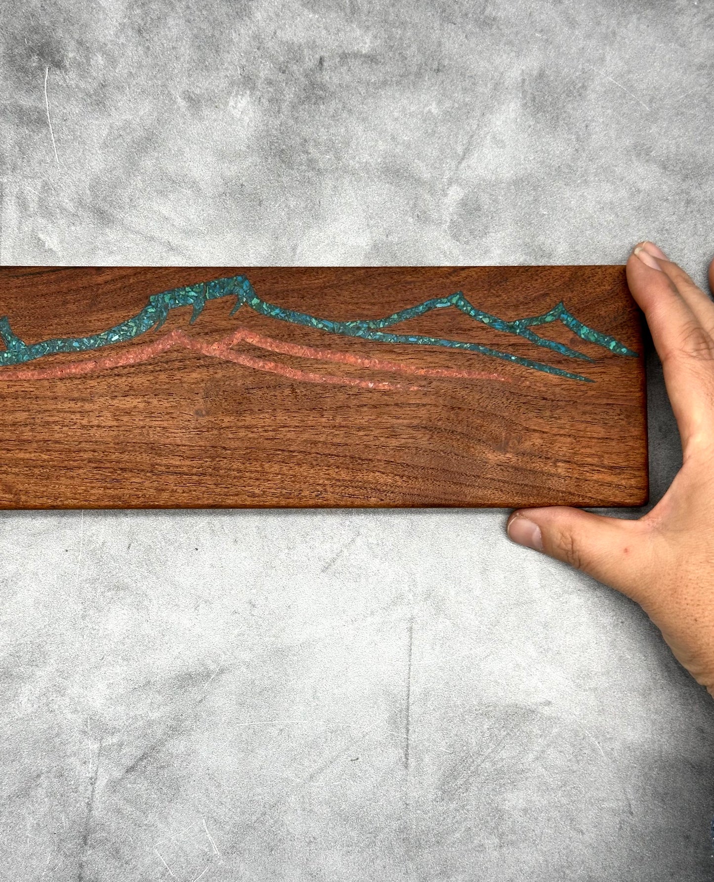 Knife block with Kingman turquoise & Coral inlaid ~ Mesa Mountains Design