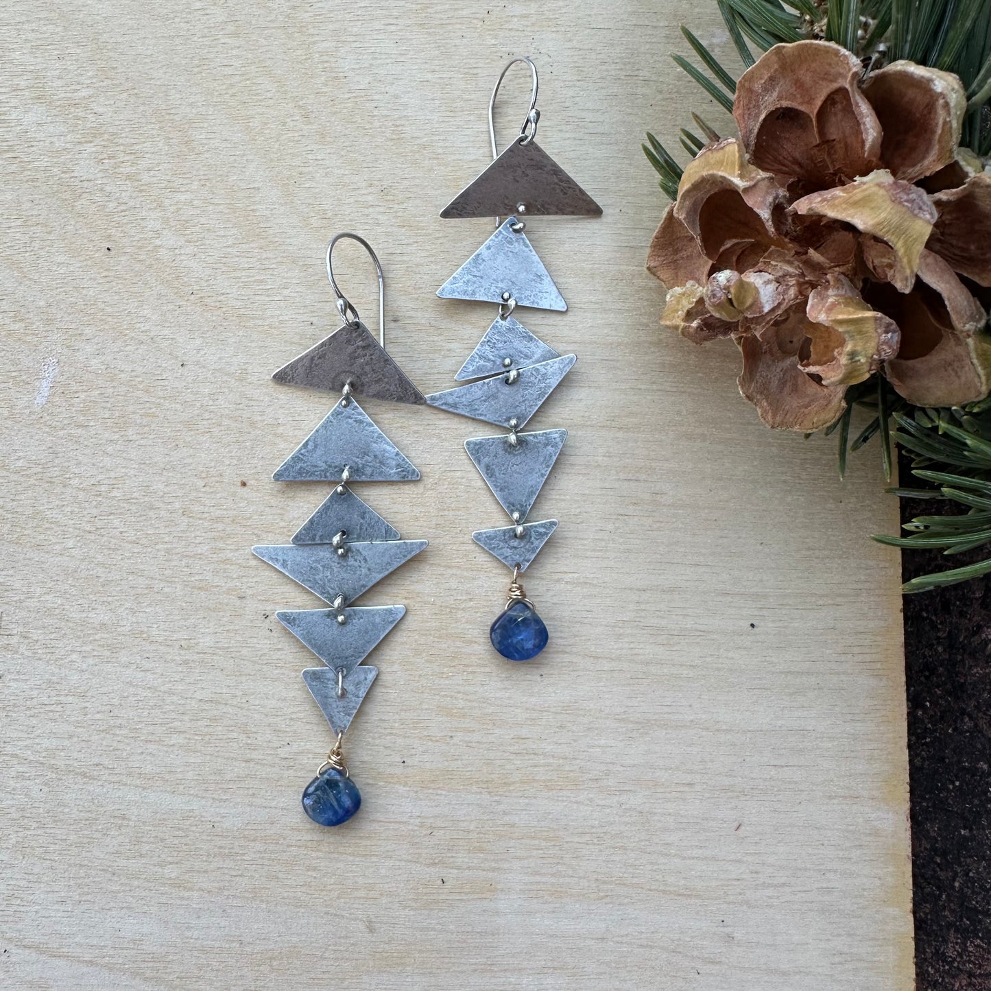 Blue Kyanite and Silver triangles connected earrings