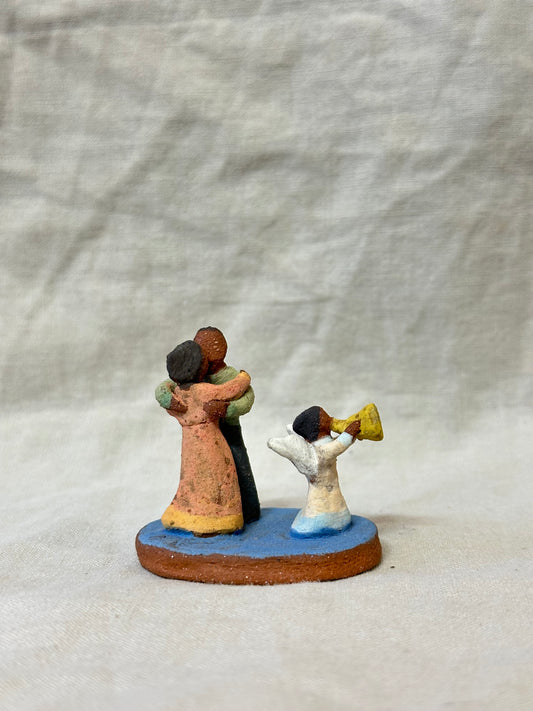 Dancing couple with an angel - miniature clay sculpture