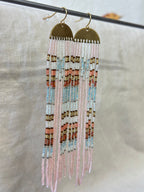 Beaded Fringe Earrings with metal hardware - Pink & brown accents of blue