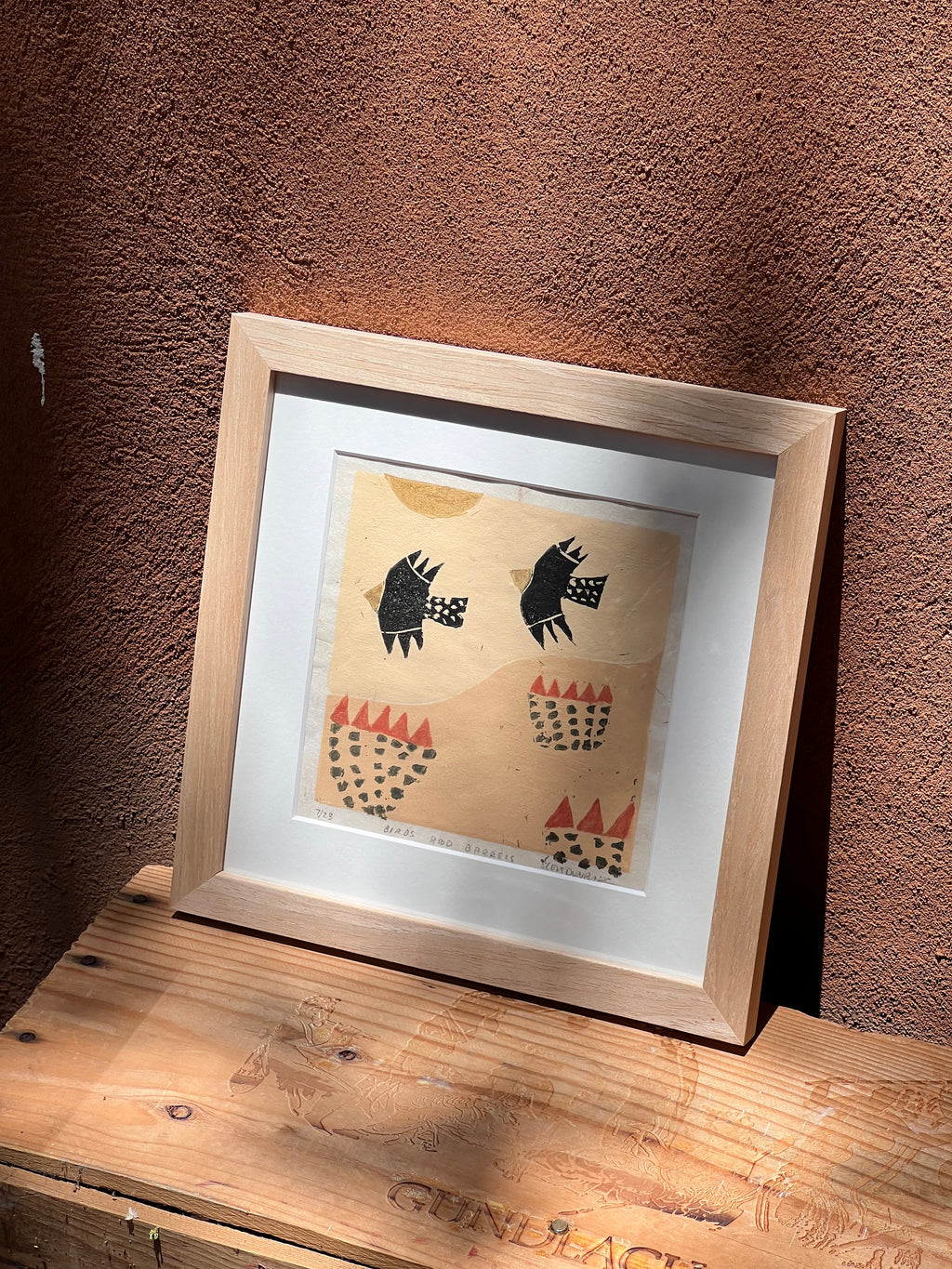 Birds and Barrels - Linocut 5”x5”