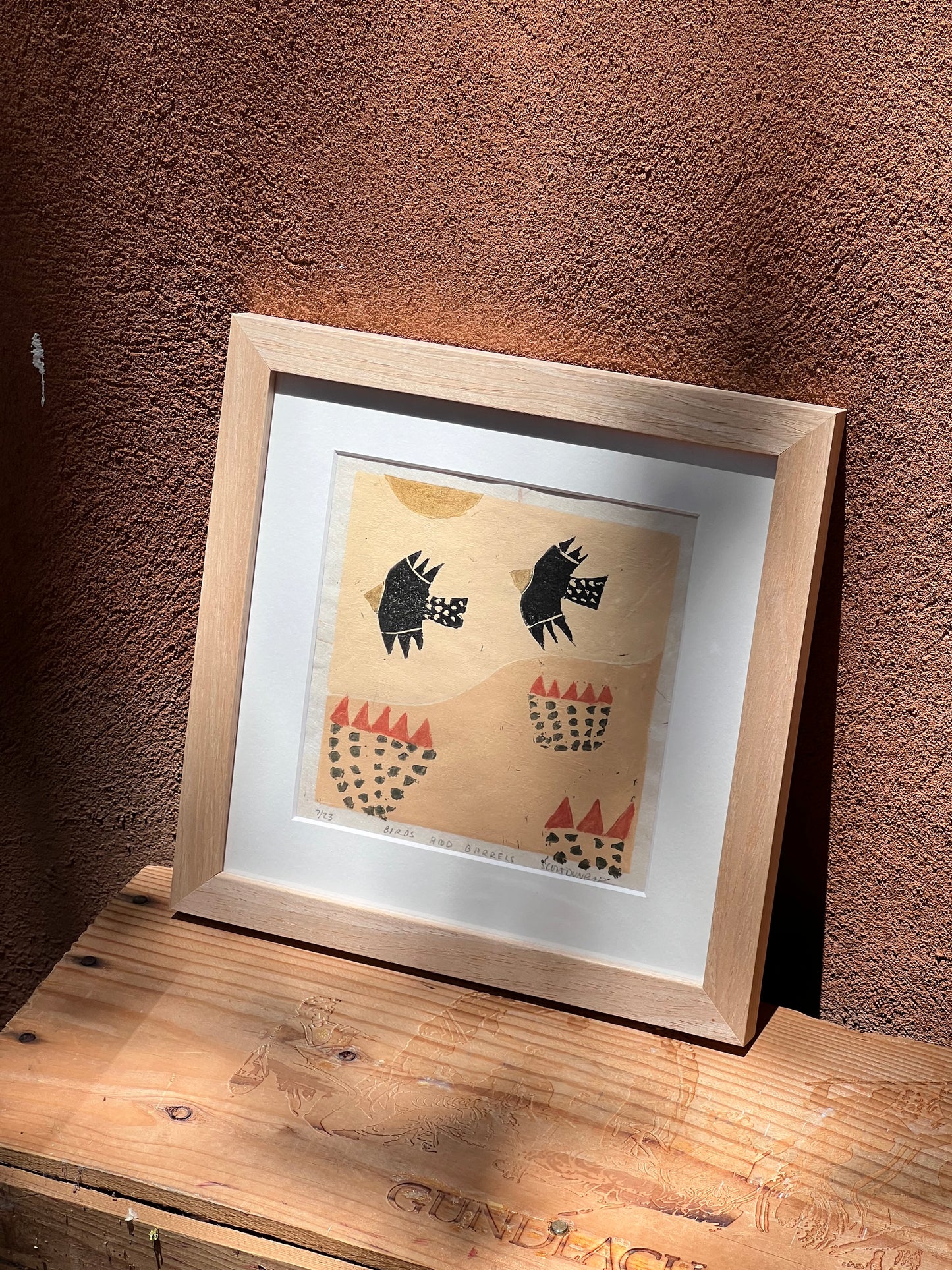 Birds and Barrels - Linocut 5”x5”