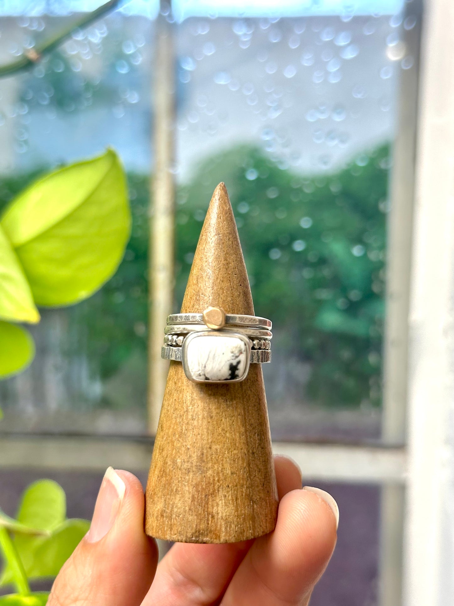 4-piece White Buffalo and Sterling Silver • stackable ring set • set fits size 8