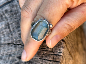 Moss Aquamarine ~ sterling silver ring + 18k gold - Size 6.5