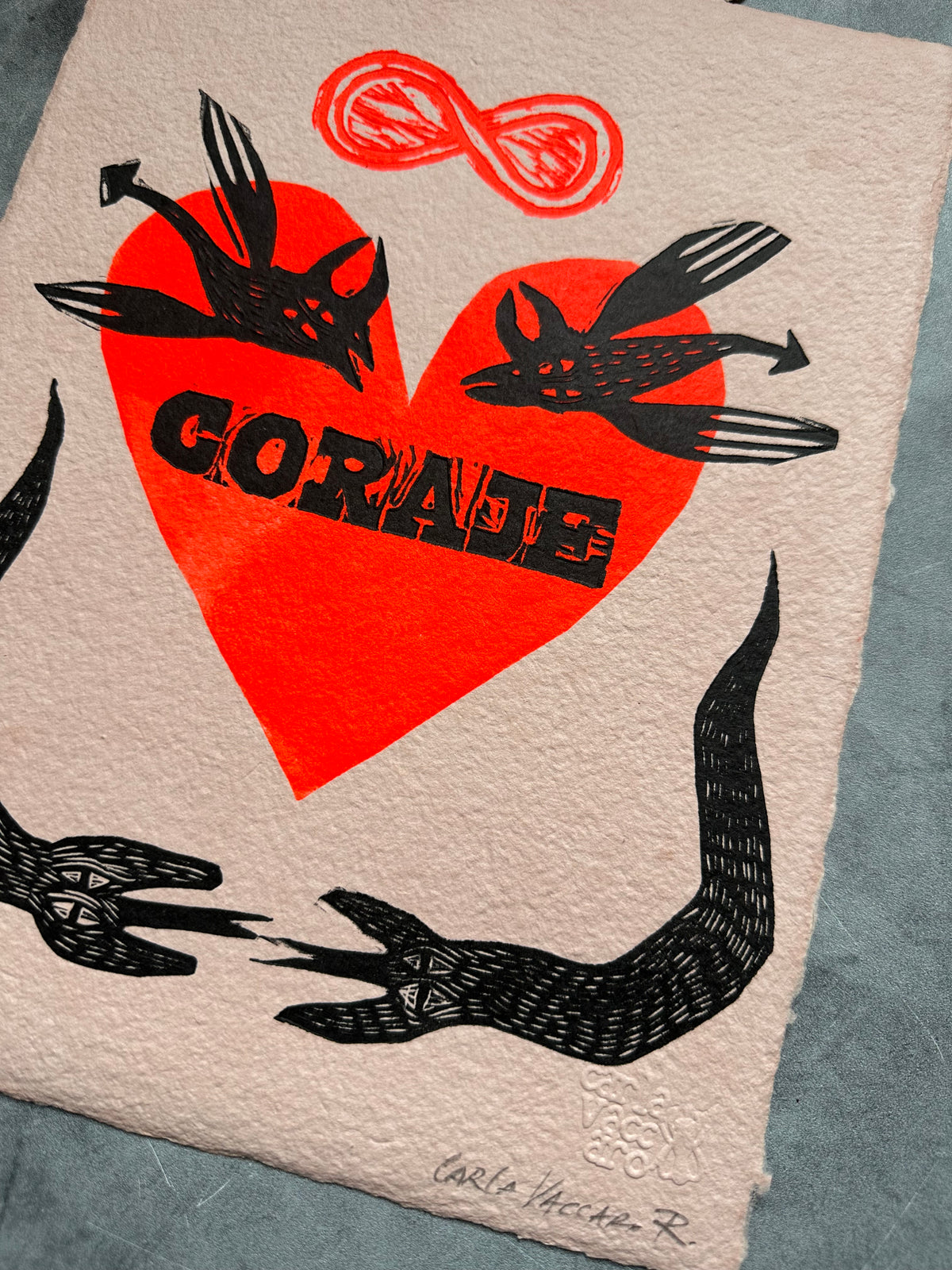 Corazon Coraje - linocut print