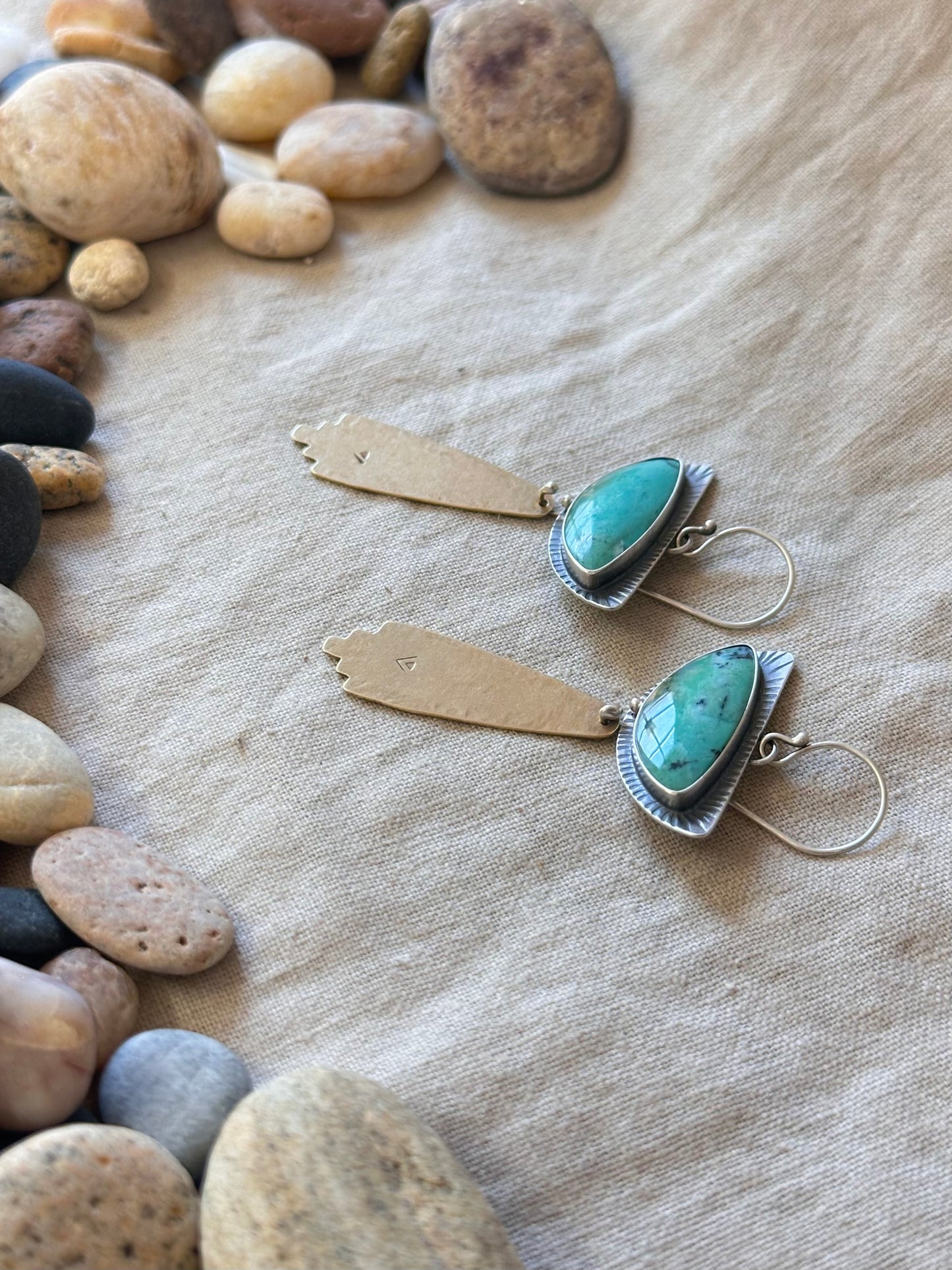 Fossil Opal Wood Rain Earrings - Sterling Silver and Brass
