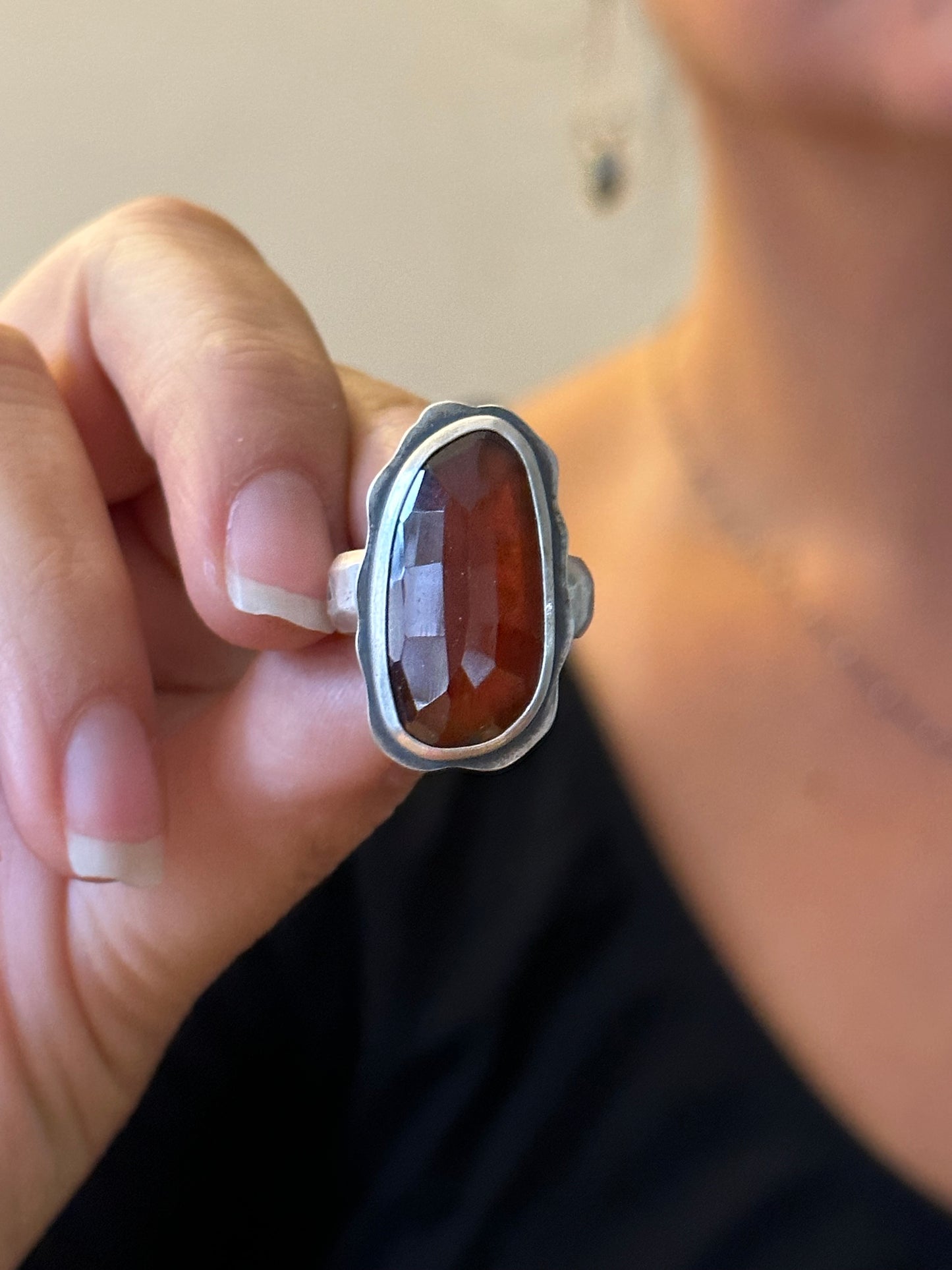 Hessonite Garnet - Sterling silver statement ring - 6.5