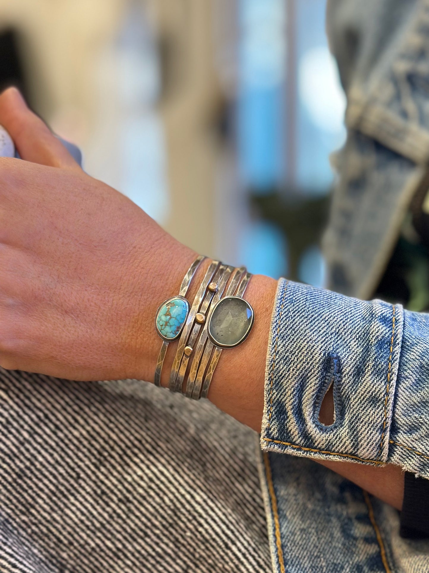 Stacked - Attached Bracelet -  Carico Lake Turquoise and Moss Aquamarine ~ Cuff with Movement