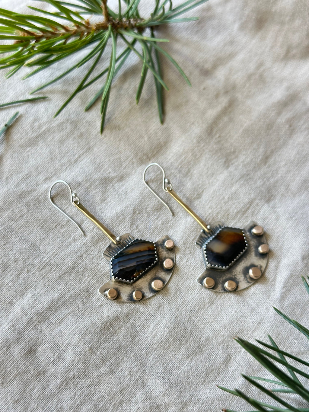 Montana Agate statement earrings - sterling silver and bronze