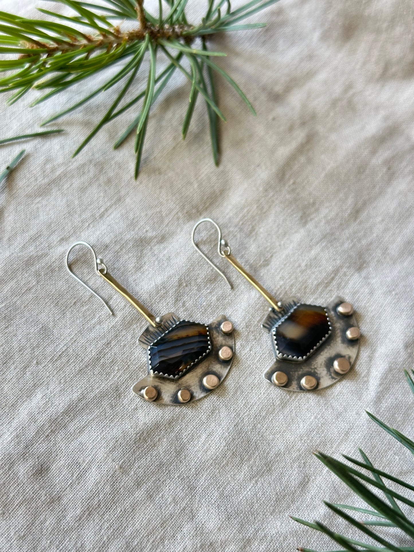 Montana Agate statement earrings - sterling silver and bronze