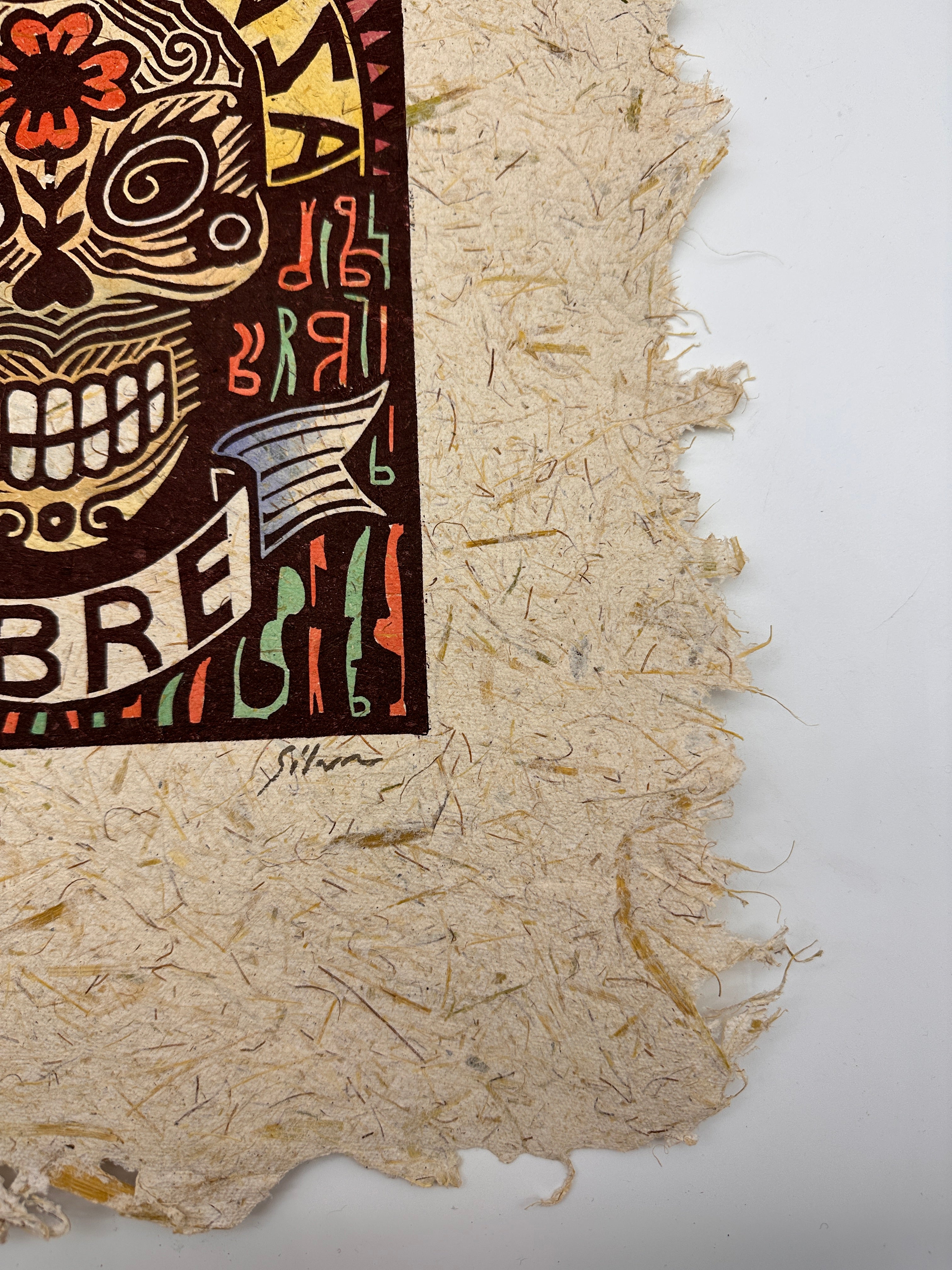 Lino Print ~ corn husk artisanal paper ~ Esperanza Libre