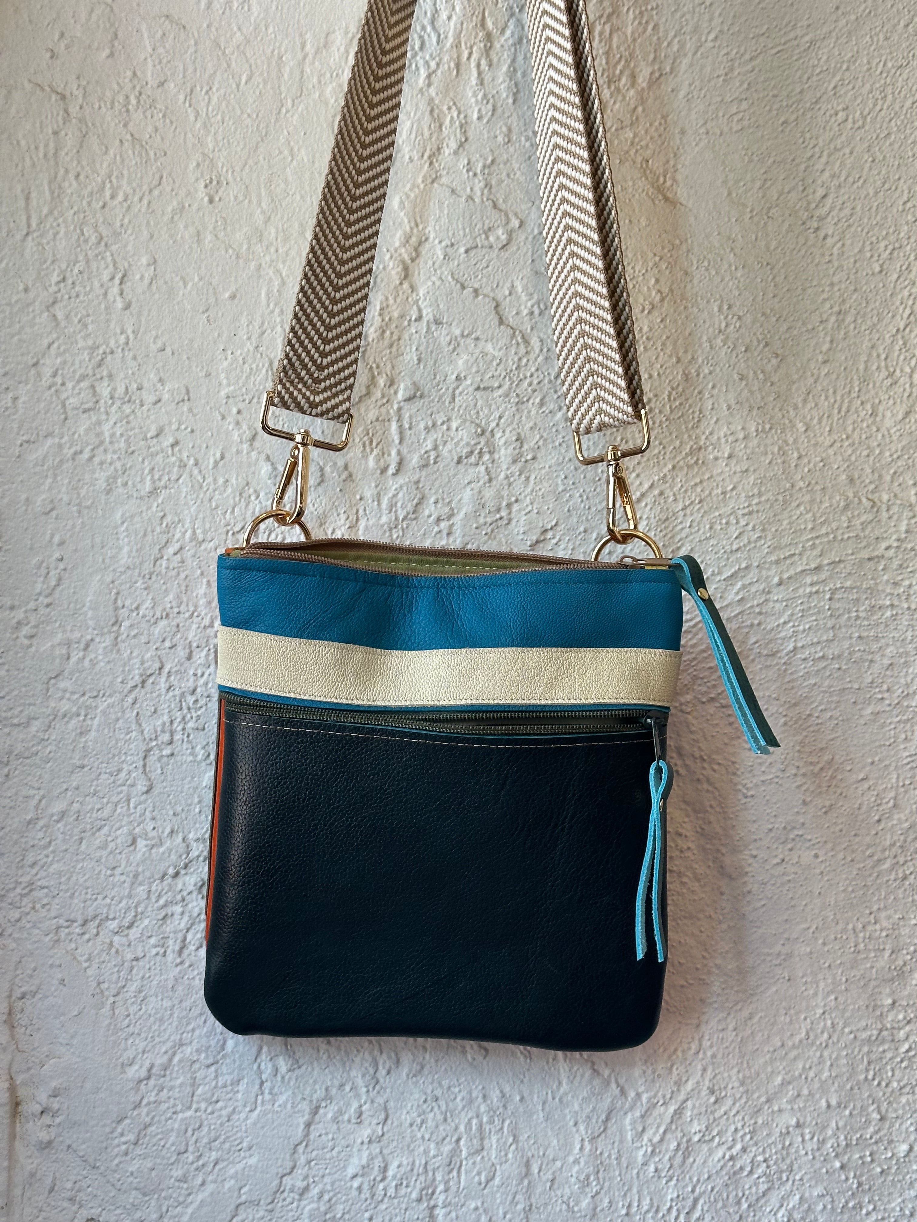 Crossbody Bag • Double Zip • Turquoise, Cream & Dark blue