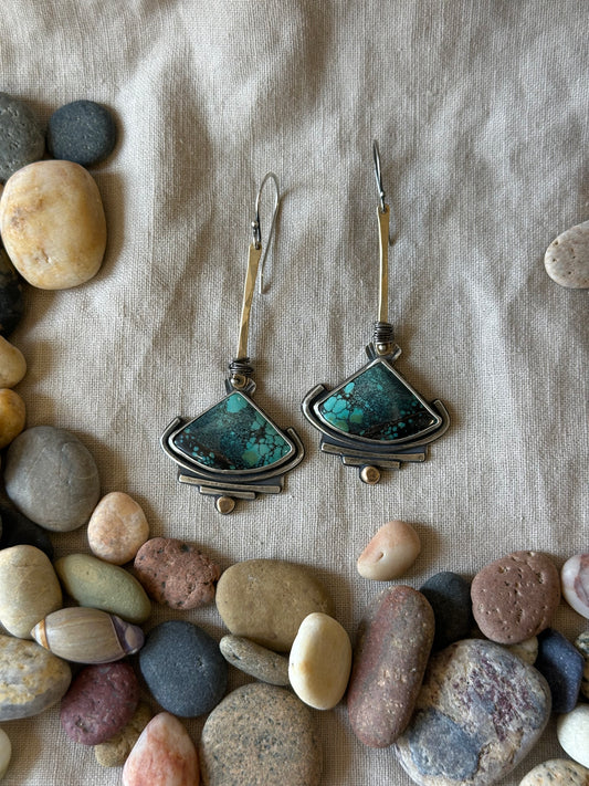 Blue Moon Turquoise Geometric earrings - sterling silver and brass