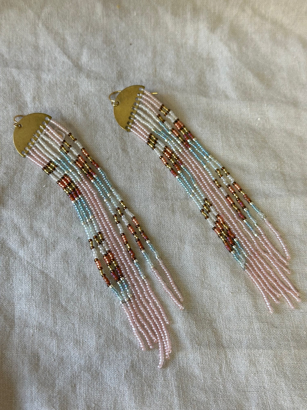 Beaded Fringe Earrings with metal hardware - Pink & brown accents of blue