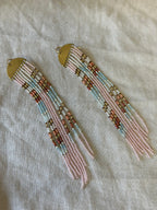 Beaded Fringe Earrings with metal hardware - Pink & brown accents of blue