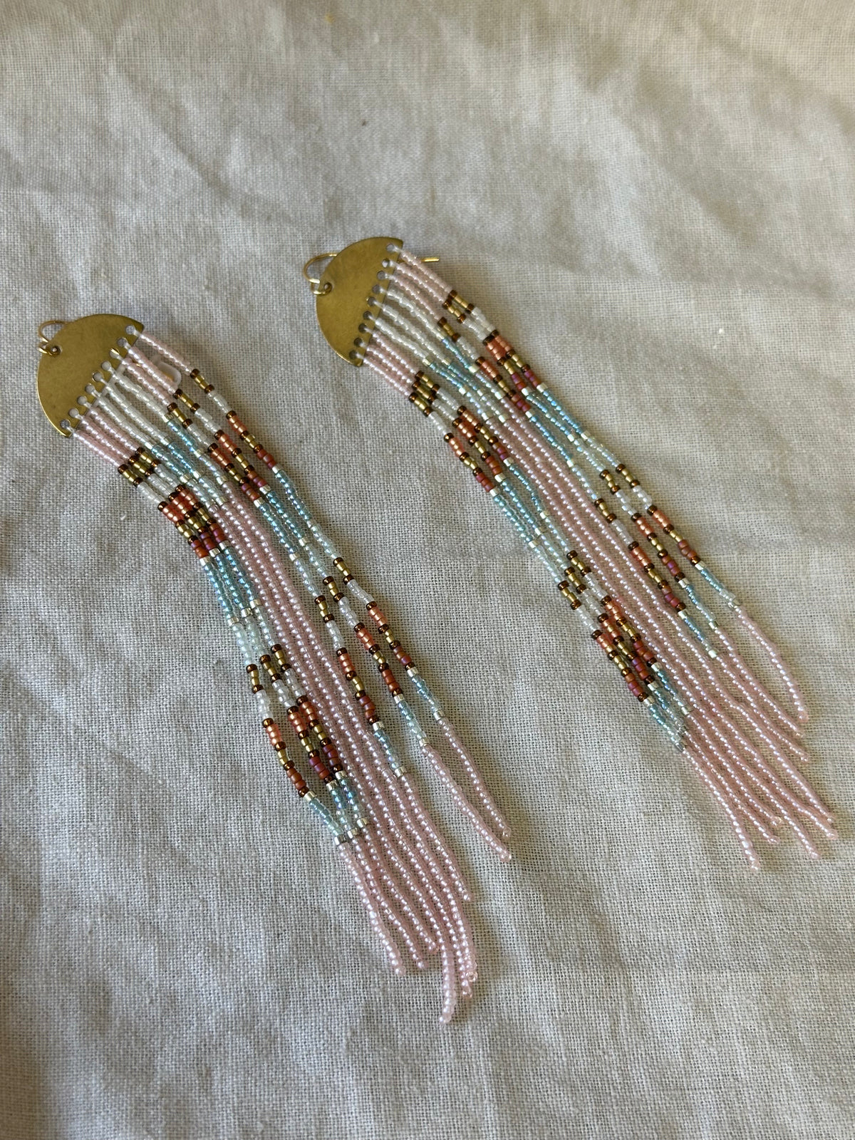 Beaded Fringe Earrings with metal hardware - Pink & brown accents of blue