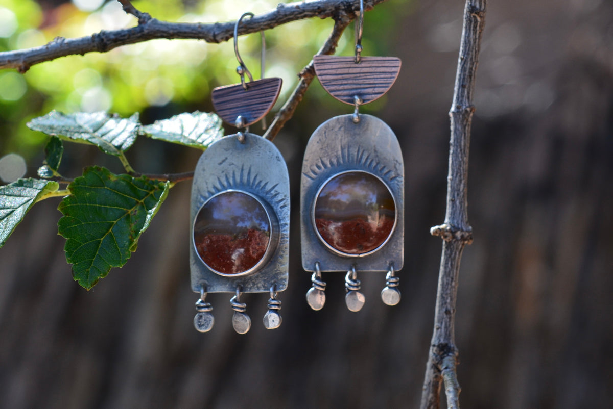 Mexican Flame Agate Earrings - sterling silver and Copper