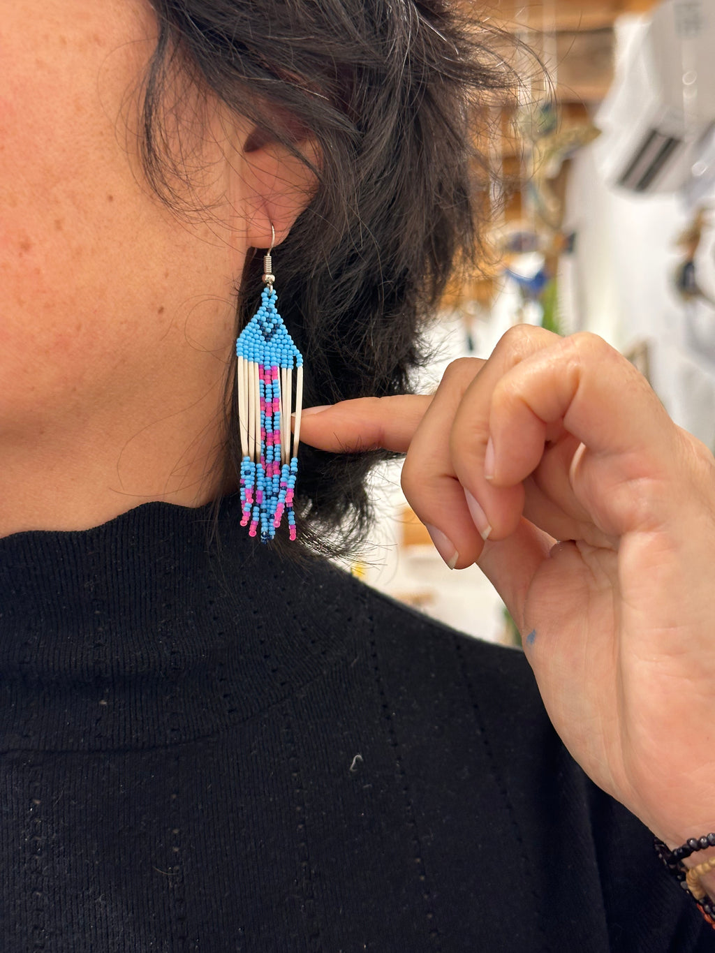 Beaded earrings - pink & turquoise - Porcupine Quills