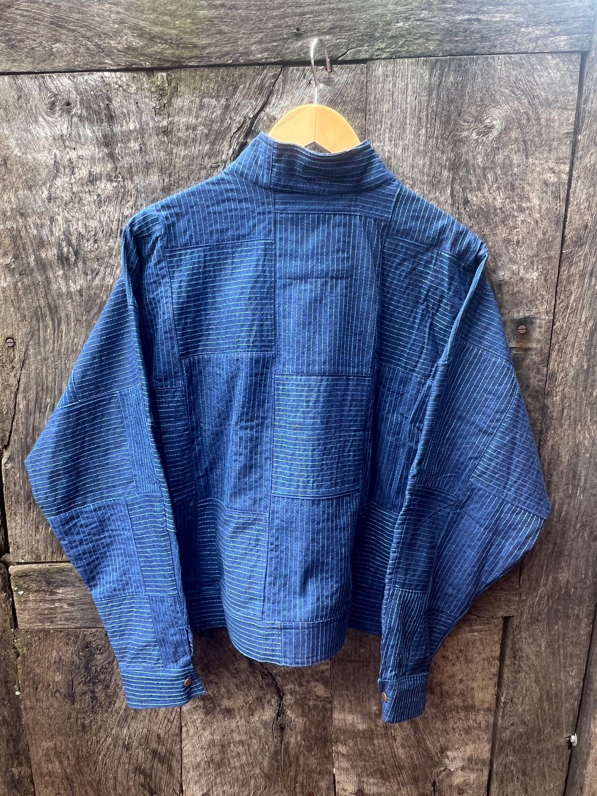 Bomber Patched Jacket - Blue Denim cotton with Turquoise threads